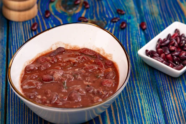 Sopa Feijão Saudável Com Feijão Vermelho Sopa Caseira Fundo Madeira — Fotografia de Stock