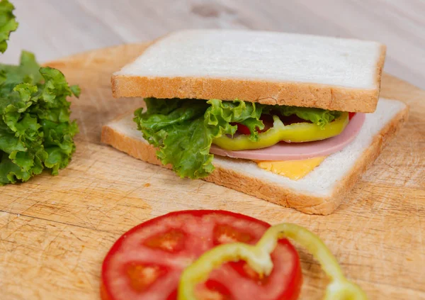 Many Ingredients Make Sandwich Wooden Desk — Stok fotoğraf