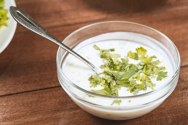 Yogurt Soup Herbs Plate Wooden Table Spas — Stock Photo, Image