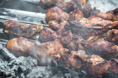Şişte kebap pişirmek, yakın plan fotoğraf çekmek.
