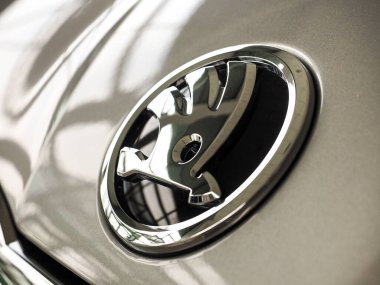 CHELYABINSK, RUSSIA - Ekim 07.2021 Sembol, Skoda araba rozeti. Sığ alan derinliği, seçici odaklanma. Rusya 'da otomatik kaydet.