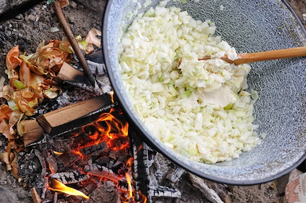 Cebolla y manteca de cerdo en la olla en el fuego — Foto de Stock