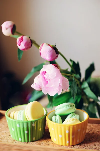 Fotografia de natureza morta com copos, macaroons e peônia — Fotografia de Stock