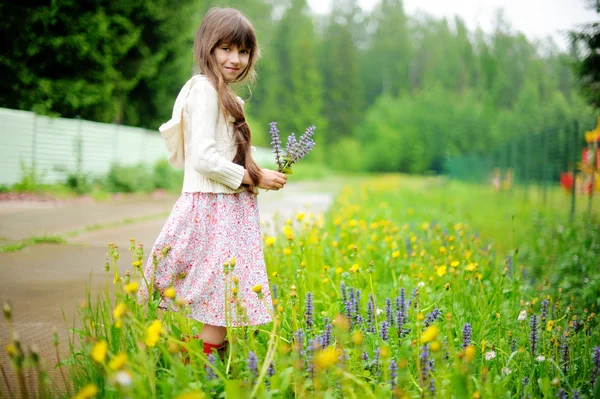 Klein meisje oppakken van zomerbloemen — Stockfoto