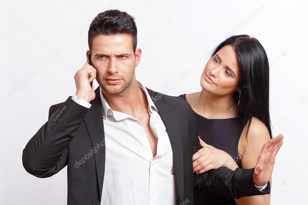 Businessman bothered by his girlfriend
