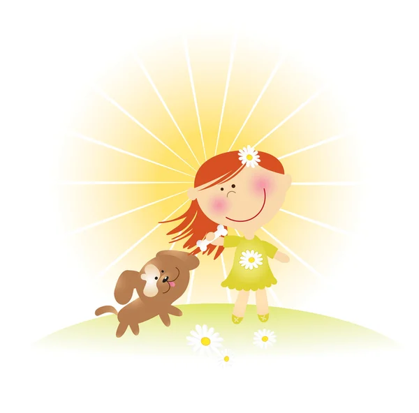 Chica jugando con un perro. Ilustración vectorial — Vector de stock