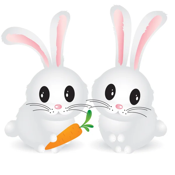 Two cute white baby rabbits with carrot — Stock Vector