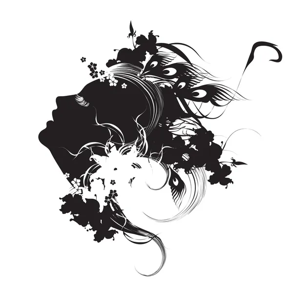 Perfil de mulher decorativo abstrato preto e branco — Vetor de Stock