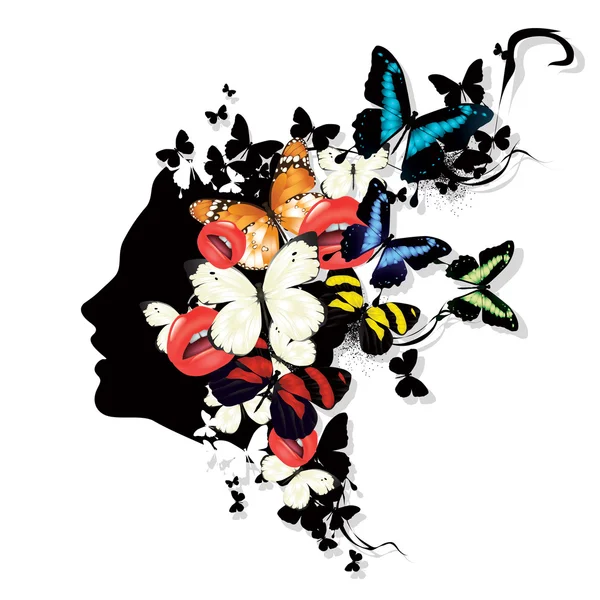 Perfil de una chica con mariposas. Ilustración vectorial colorida — Archivo Imágenes Vectoriales