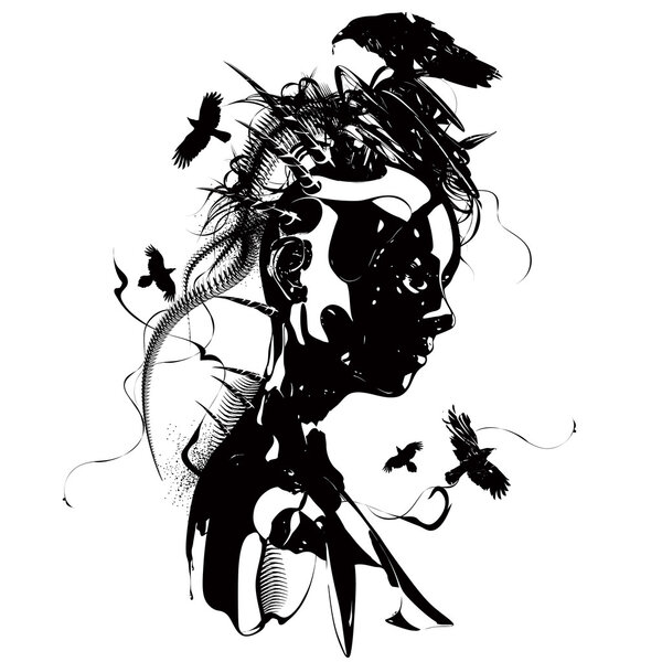 Футуристическая девушка черно-белая иллюстрация
