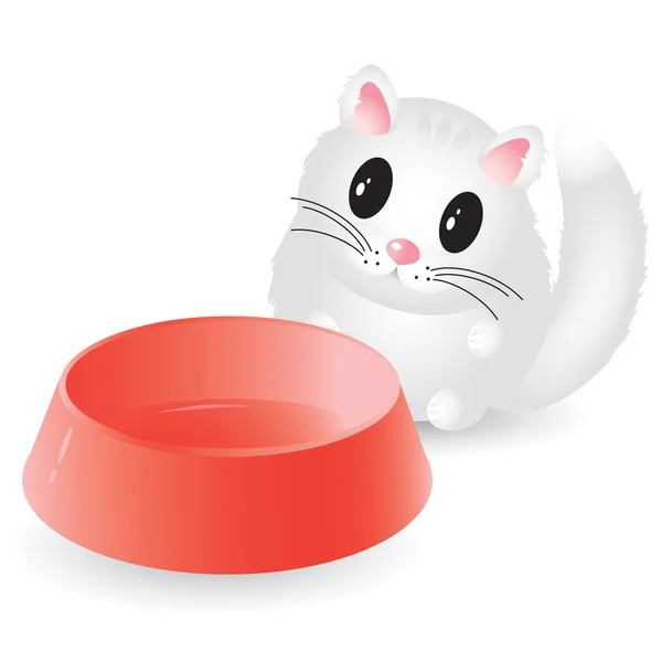 Cute hungry kitten with empty bowl isolated on white — Stock Vector
