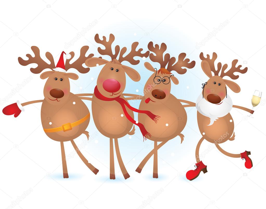 Four happy deers celebrating Christmas