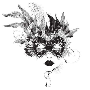 Abstract woman mask with flowers black and white clipart