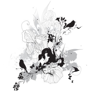 Vector floral resimde siyah ve beyaz