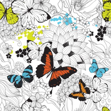 Çiçekler ve kelebeklerle kusursuz desen