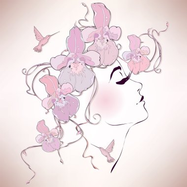 Woman profile with orchids clipart