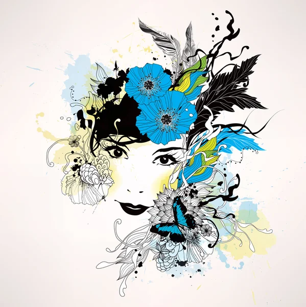 Perfil de mujer con flores — Vector de stock