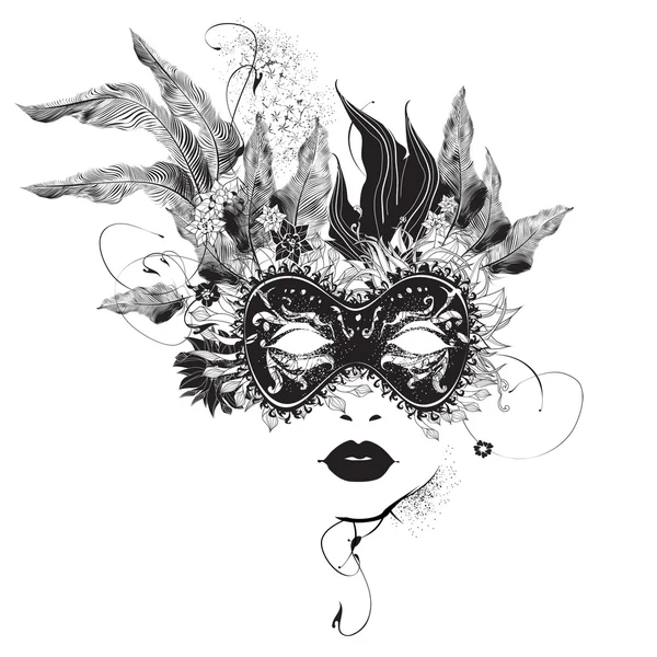 Abstract woman mask with flowers black and white — Stock Vector