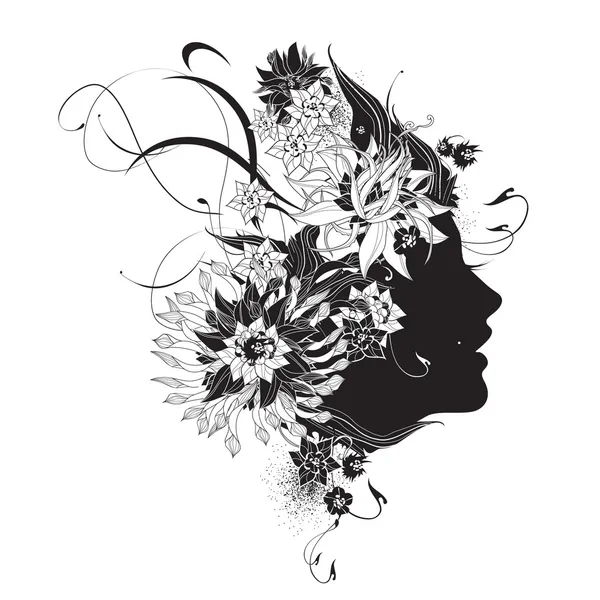 Perfil abstracto de mujer con flores blanco y negro — Vector de stock