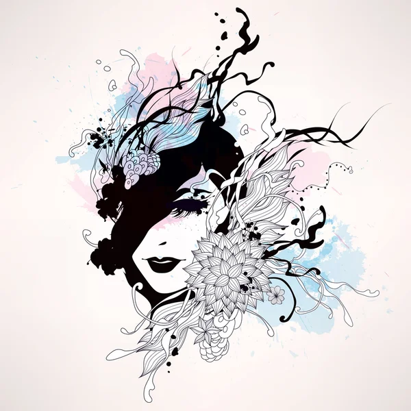 Perfil de mujer con flores — Vector de stock