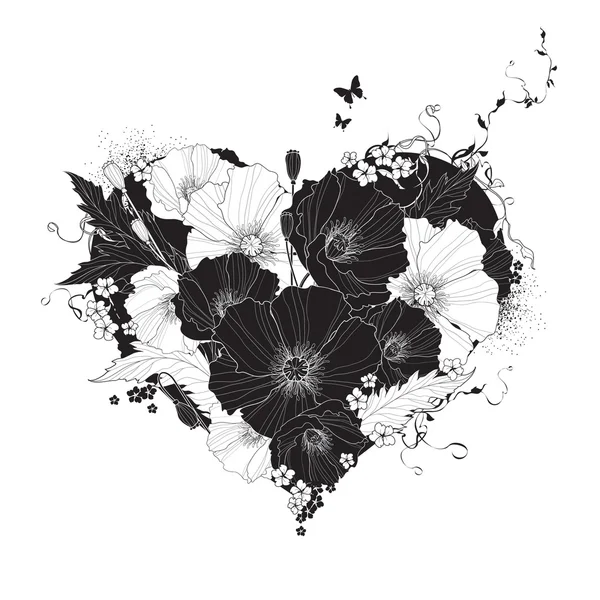 Abstract floral heart black and white — Stock Vector