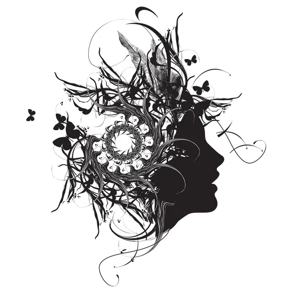 Profil abstrait de femme ornementale noir et blanc — Image vectorielle