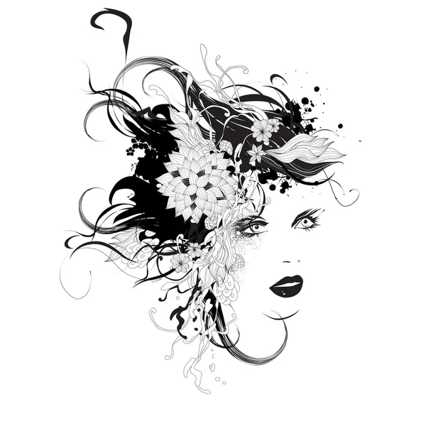 Perfil de mujer con flores — Vector de stock