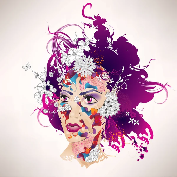 花と抽象的なシュールな女の子 — ストックベクタ
