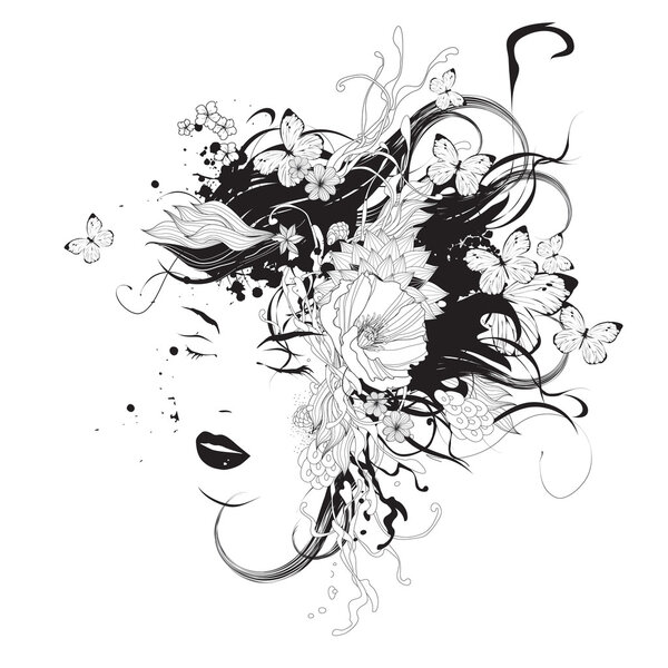 Girl with flowers and butterflies black and white vector illustration