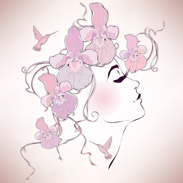 Woman profile with orchids