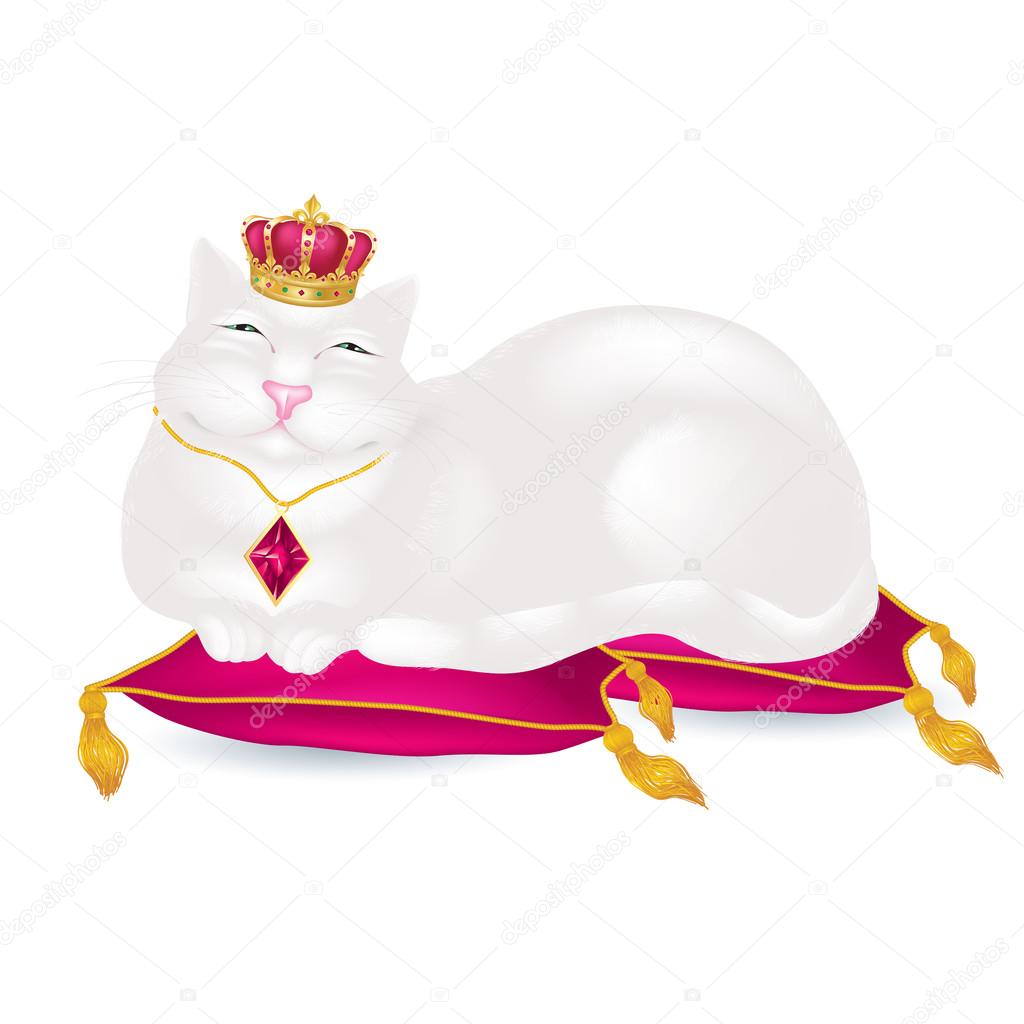 Fat white lazy cat in a king crown