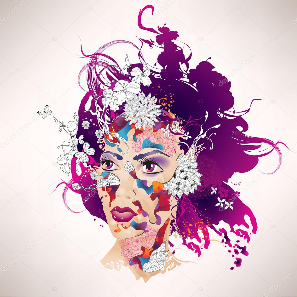 Abstract surrealistic girl with flowers