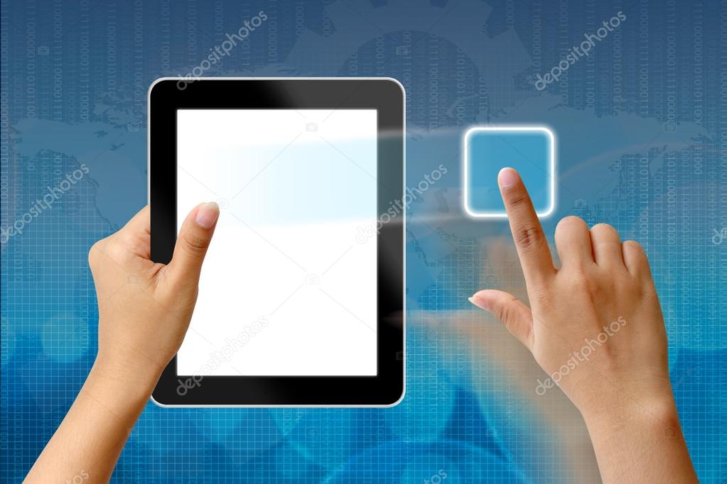 Hands are holding and point on Tablet PC
