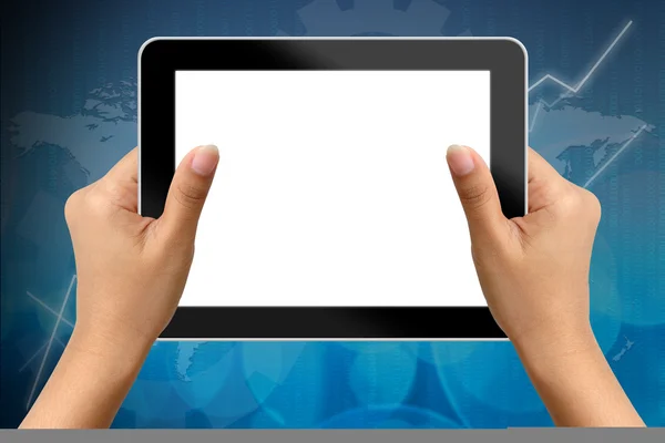 Hand van zakenvrouw holding digitale tablet en raken met — Stockfoto