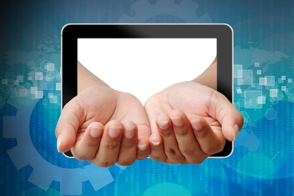 Hand woman pushing out of tablet-pc — Stock Photo, Image