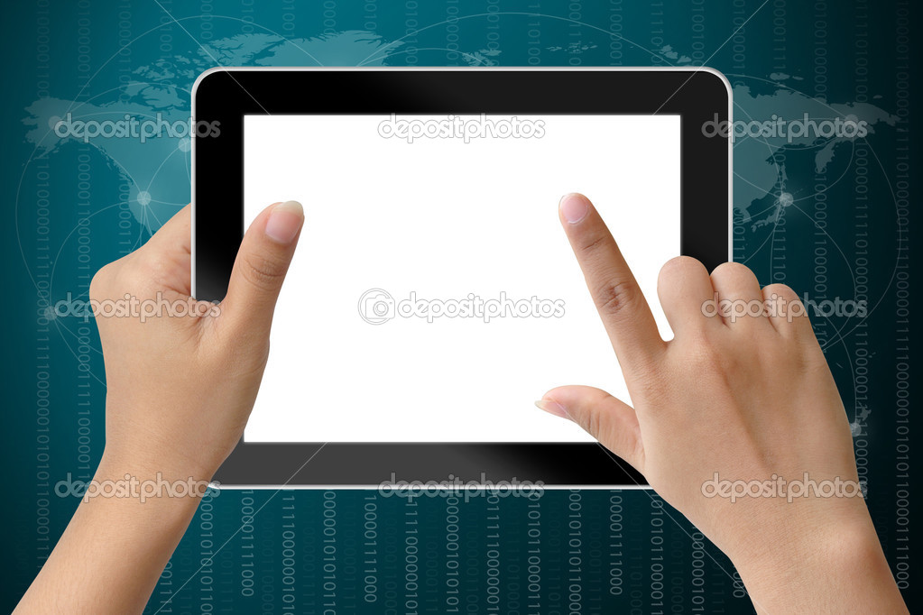Hand of business woman holding digital tablet and touching with