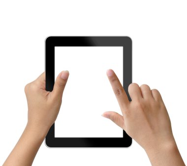 Holding ve tablet PC'de dokunmadan el kadın