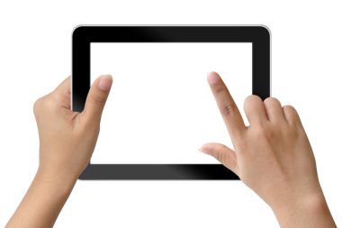 Holding ve tablet PC'de dokunmadan el kadın