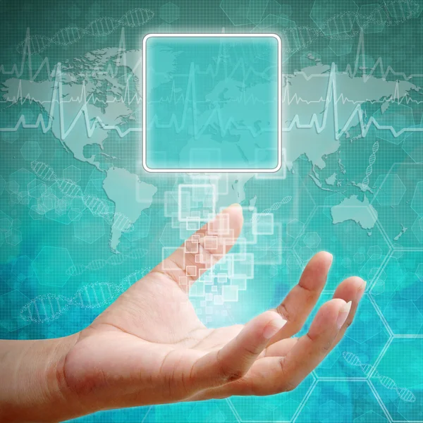 Touch screen interface on Woman hand ,background medical — Stock Photo, Image