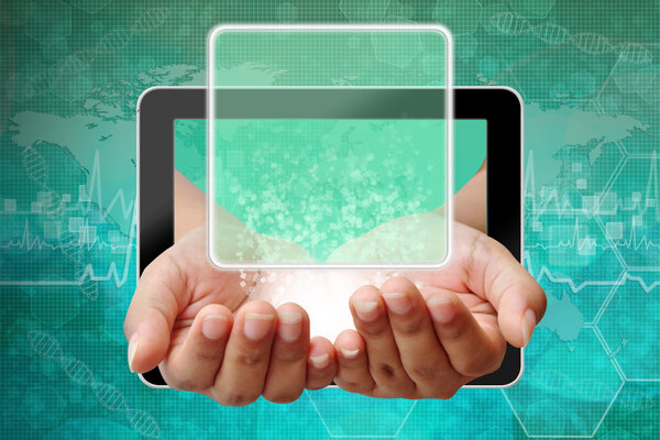 Woman hand pushing on touch screen interface ,background medical