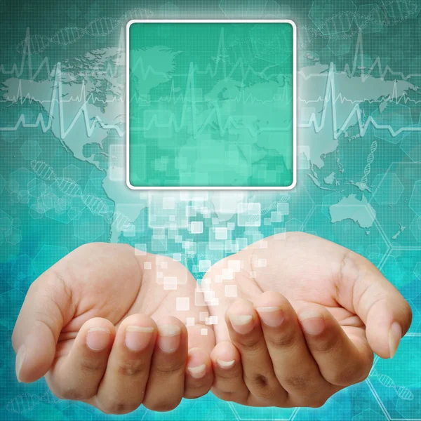 Touchscreen-Schnittstelle an der Hand der Frau, medizinischer Hintergrund — Stockfoto