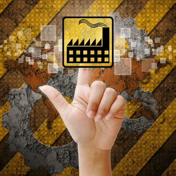 Hand press touch factory symbol on industry background — Stock Photo, Image