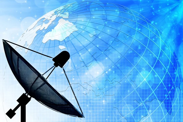Satellitenschüssel auf globalem Hintergrund für Kommunikation und Techno — Stockfoto