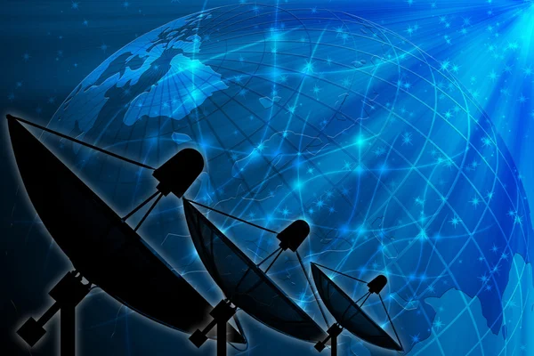 Satellietschotel op globale achtergrond voor communicatie en techno — Stockfoto