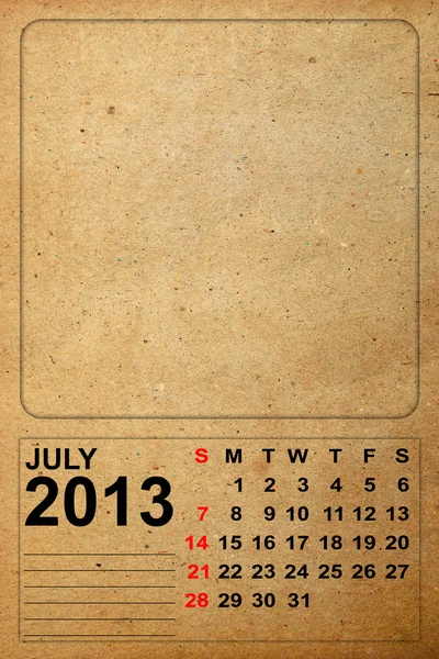 Kalender 2013, Juli auf leerem Altpapier — Stockfoto