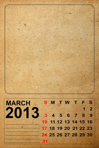 2013 Calendar, March on empty old paper — Stock Photo, Image
