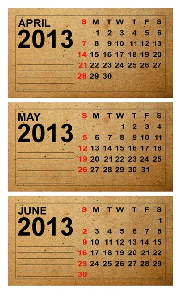 2013 ημερολόγιο, Απρίλιος, Μαϊος, Ιούνιος σε παλιό χαρτί — Φωτογραφία Αρχείου