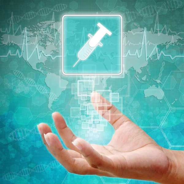 Syringe icon on hand ,medical background — Stock Photo, Image