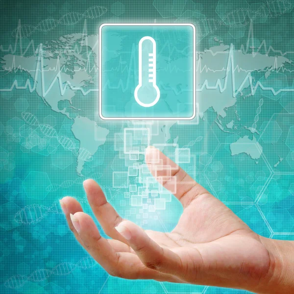 Thermometer Symbol on hand ,medical background — Stock Photo, Image