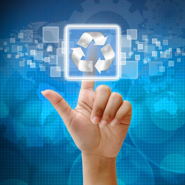 I pressen recycle logotyp på business blå bakgrundsfärg — Stockfoto
